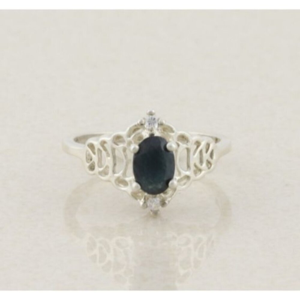 Sterling Silver Natural Dark Blue Sapphire and Cubic Zirconia Ring Size 8 1/4